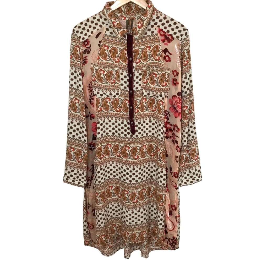 ARATTA Burnout Velvet Burnout Paisley Floral Boho Tunic Top M Sheer Mid Length